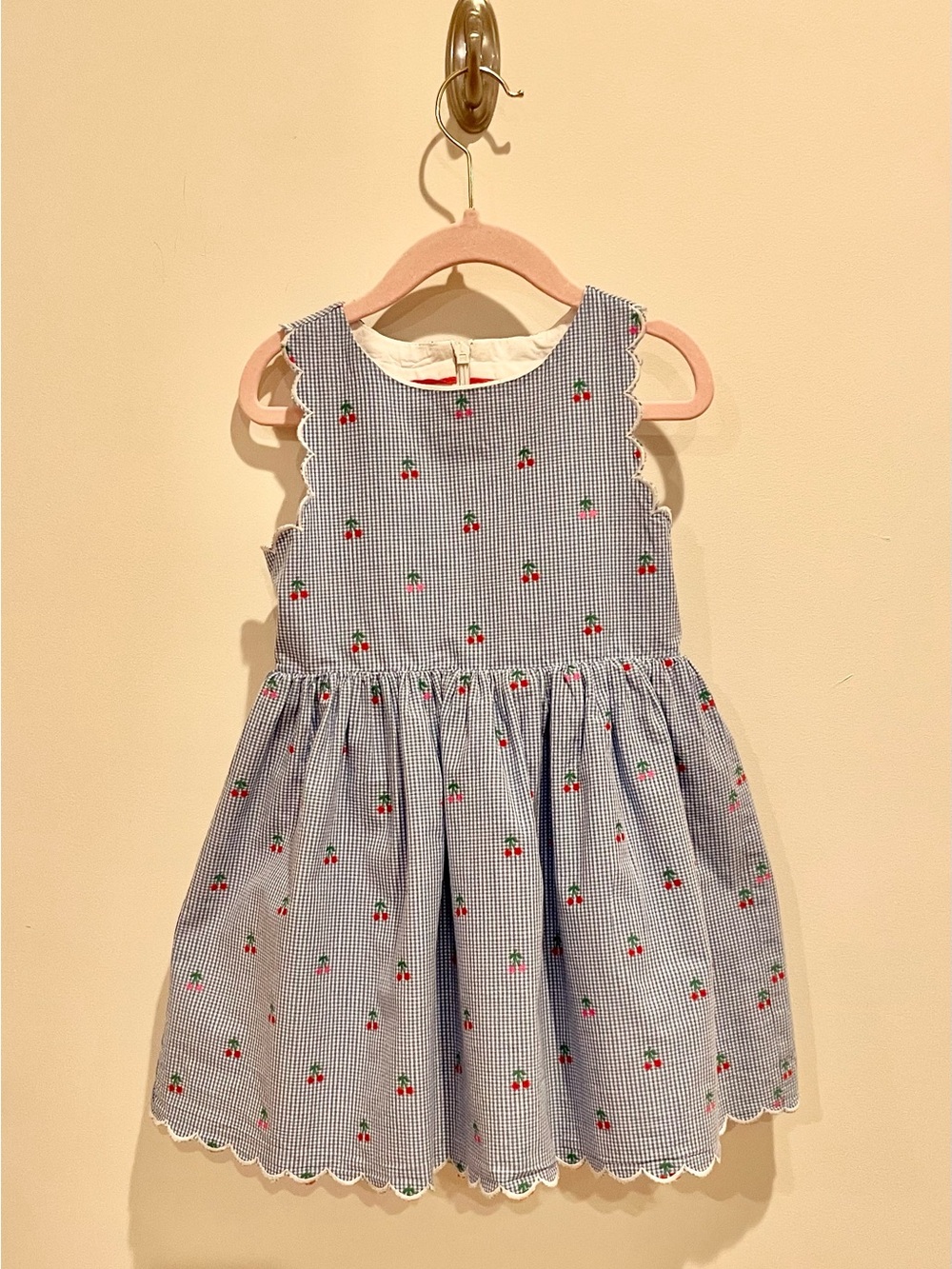 Mini Boden Blue Gingham Dress with Embroidered Cherries - Sz 2-3 yr